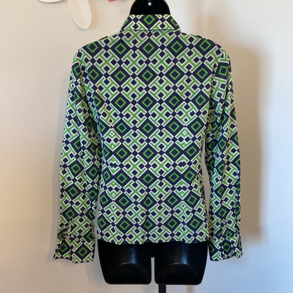 Tory Burch Women’s Button Up Blouse Geometric Navy Green Size 4 - Picture 3 of 7